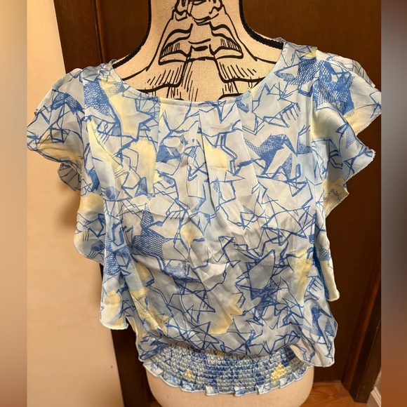 DKNY Blue and Yellow Flutter Sleeve Blouse PRE-OWNED - Picture 1 of 4